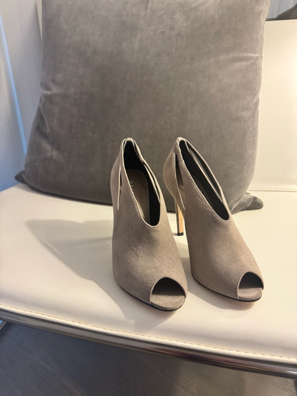 Reiss Taupe Suede Peep-Toe Stiletto Booties